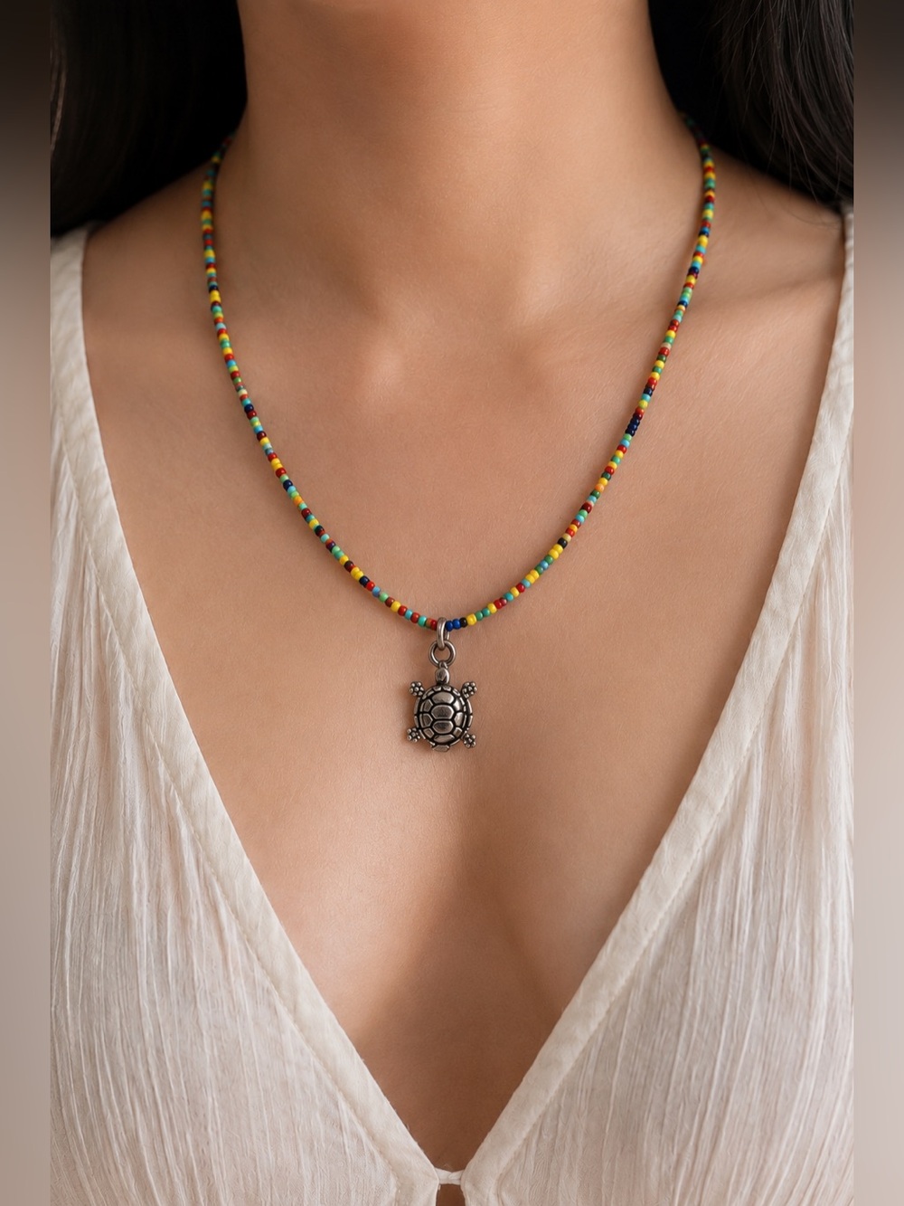 Multicolor Beaded Necklace with Turtle Charm - Women's Jewelry